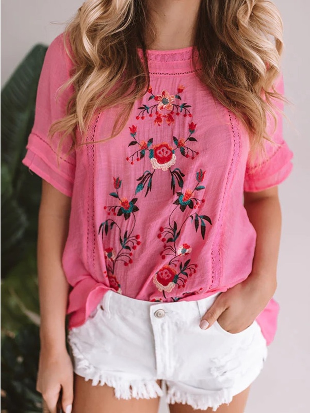Umgee Pink Embroidered Boho Short Sleeve Top